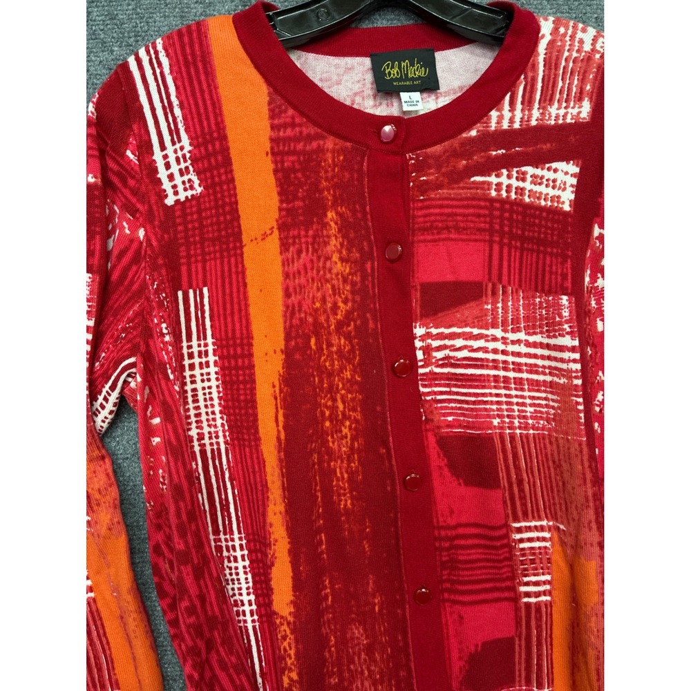 Bob Mackie Wearable Art Red Abstract Button Front Cardigan Sweater cotton Large